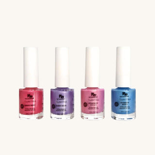 Four bottles of naturally scented peel off nail polish labeled as the best nail polish for toddlers, safe and non-toxic