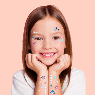 Face Sticker Set with sparkly sticker gems featuring 3D seashells, pearl stars, gemstones, and flowers for kids