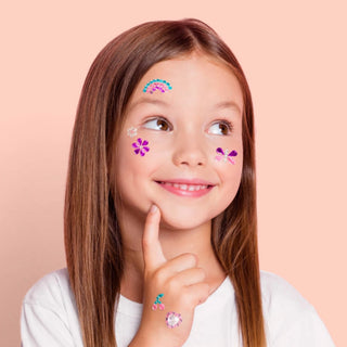 Face Sticker Set with sparkly sticker gems featuring 3D seashells, pearl stars, gemstones, and flowers for kids