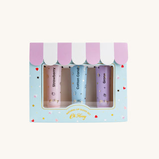 Natural lip gloss for kids and clean lip gloss gift set with Strawberry, Cotton Candy, and Grape flavors, handmade in Australia with vegan, non-toxic ingredients