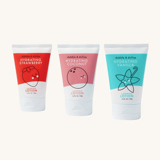 Natural lotion for kids gift set with three scented kids lotions in Strawberry, Coconut, and Vanilla, made with safe, plant-based ingredients