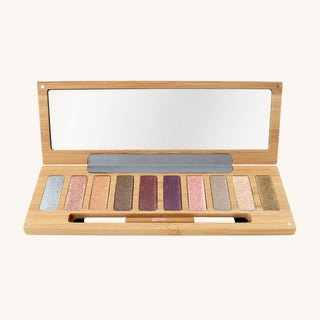 Ultra Shiny refillable eyeshadow palette with ten luminous shades in a bamboo mirrored compact, crafted in Italy as the best vegan mineral makeup and a natural makeup kit designed for teens