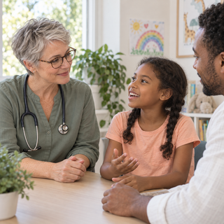 A silver-haired doctor talking with a young girl and her father.
