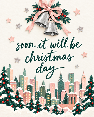 Soon it will be Christmas day — silver bells above a snowy city skyline.