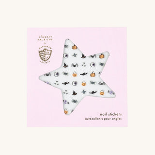 Halloween nail stickers packaged in pink paperboard, branded 'Lindsey Balbierz' for Daydream Society