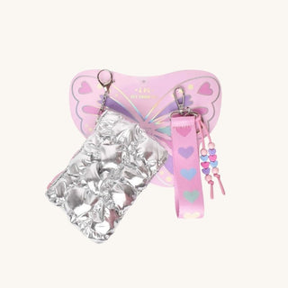 Quilted metallic silver bag charm with keychain pouch and heart-print wrist strap for kids