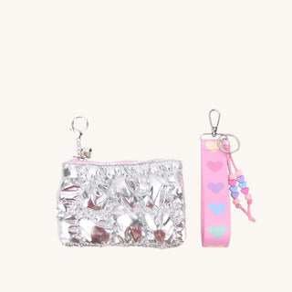 Quilted metallic silver bag charm with keychain pouch and heart-print wrist strap for kids
