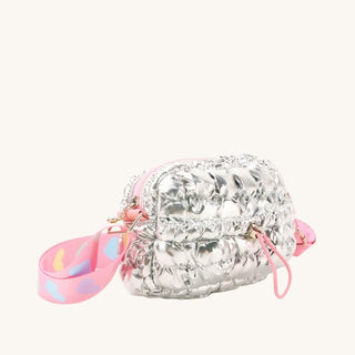 Quilted metallic silver crossbody bag with pink heart strap and front drawstring pouch for kids