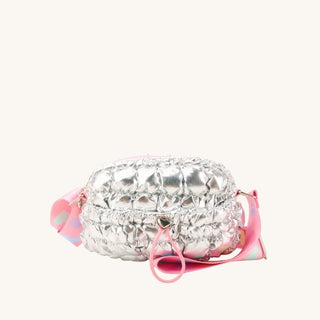 Quilted metallic silver crossbody bag with pink heart strap and front drawstring pouch for kids