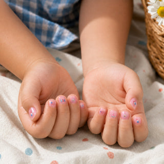 American flag nail art bundle with pastel pink non-toxic nail polish and U.S. of Yay summer nail stickers for kids