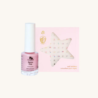 American flag nail art bundle with pastel pink non-toxic nail polish and U.S. of Yay summer nail stickers for kids