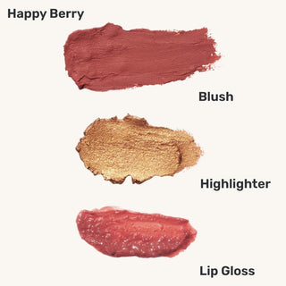 Color swatches labeled 'Happy Berry', 'Blush', 'Highlighter', and 'Lip Gloss' on a white background