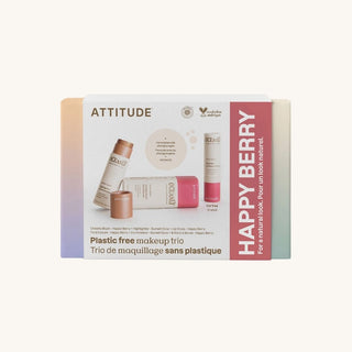 Attitude Happy Berry plastic-free makeup trio packaging on a white background