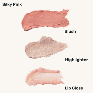 Silky pink makeup swatches labeled as blush, highlighter, and lip gloss on a white background