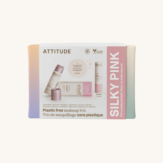 Silky Pink plastic-free makeup trio packaging on a white background