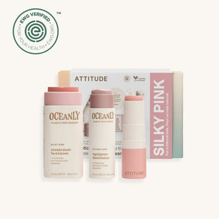 Attitude Living Oceanly EWG Verified natural look makeup set with blush, lip gloss, and highlighter in plastic-free biodegradable packaging