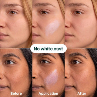Before and after comparison of a product application, Attitude Sunly EWG Verified mineral sunscreen face stick SPF 30 for kids, on a girls's face