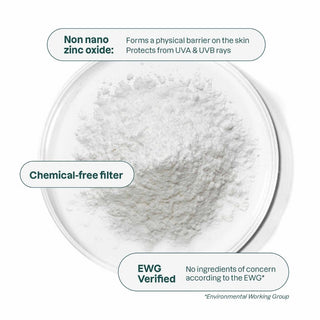 Non nano zinc oxide powder in a clear container with text about its properties