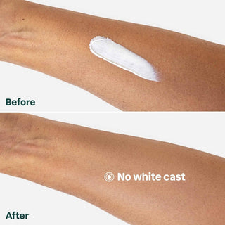 Before and after comparison of a white cast on a person's arm with 'No white cast' text, product demonstration of Attitude Sunly EWG Verified, unscented mineral sunscreen SPF 30 for baby and kids