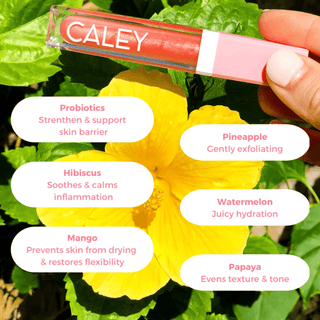 Beachy Kiss all natural lip oil with probiotics, a clean alternative to e.l.f. lip oil, hydrates, exfoliates, and nourishes lips with fruit-powered ingredients