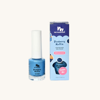 Bottle of naturally scented peel off nail polish in blue labeled as the best nail polish for toddlers, safe and non-toxic