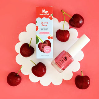 Bottle of naturally scented peel off nail polish in bright pink labeled as the best nail polish for toddlers, safe and non-toxic