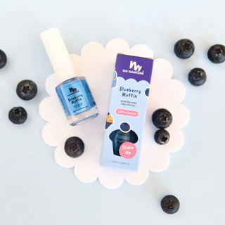 Bottle of naturally scented peel off nail polish in blue labeled as the best nail polish for toddlers, safe and non-toxic