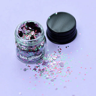 Certified Biodegradable Bio-glitter, biodegradable hair glitter for hair gel, safe for face, hair, body, and nails, packaged in a glass jar