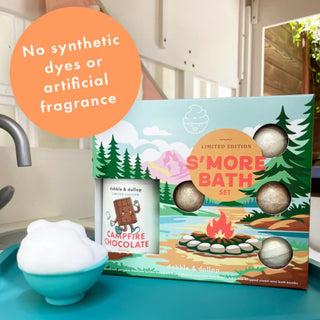 Dabble & Dollop limited-edition S’mores Bath Bomb Gift Set for kids with Chocolate Whip 3-in-1 and mini Marshmallow and Graham bath bombs