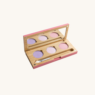 Open refillable bamboo eyeshadow palette with three mineral shades