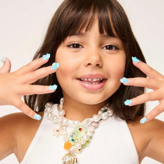 Fake nails for kids with reusable mermaid press-on nails, colorful gem stickers, and a shell-shaped adjustable ring for imaginative play
