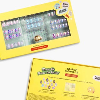 Fake nails for kids with reusable mermaid press-on nails, colorful gem stickers, and a shell-shaped adjustable ring for imaginative play