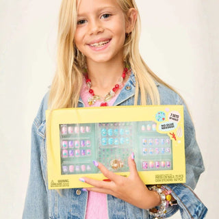 Fake nails for kids with reusable mermaid press-on nails, colorful gem stickers, and a shell-shaped adjustable ring for imaginative play