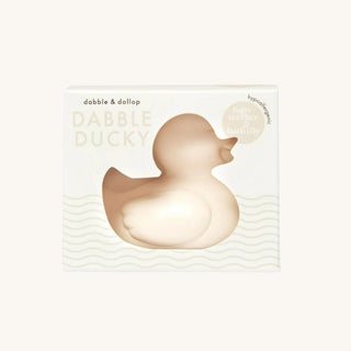 Dabble Ducky bath toy packaging with a rubber duck illustration on a white background