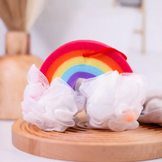 Kids bath sponge rainbow bath sponge with pom poms and soft mesh for gentle skin