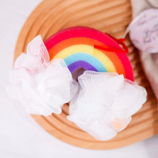 Kids bath sponge rainbow bath sponge with pom poms and soft mesh for gentle skin