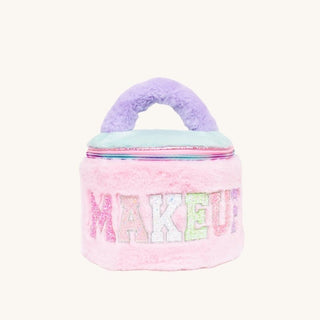 Pink plush kids makeup bag with 'MAKEUP' text on a white background