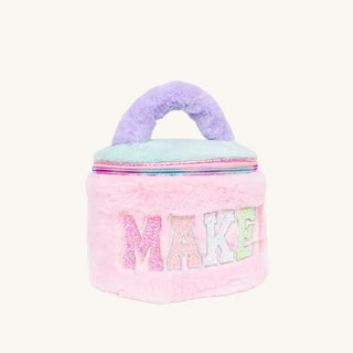 Pastel pink and purple cosmetic bag for kids with 'MAKEUP' text on a white background