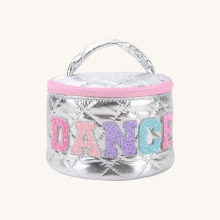 Metallic silver cosmetic bag for kids with 'DANCE' text in pastel rainbow on a white background