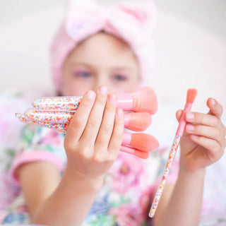 Colorful rainbow sprinkles kids makeup brushes, a 5-piece makeup brush set with case, featuring soft brushes and a clear case for creative, mess-free fun