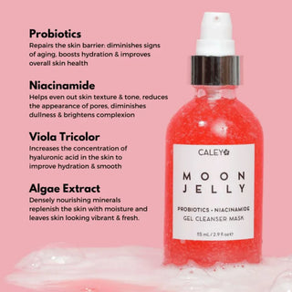 Moon Jelly Gel Cleanser Mask, a gentle face cleanser for teens, naturally bright pink from hibiscus, hydrates, detoxifies, and brightens sensitive skin