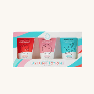 Natural lotion for kids gift set with three scented kids lotions in Strawberry, Coconut, and Vanilla, made with safe, plant-based ingredients
