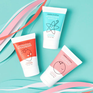Natural lotion for kids gift set with three scented kids lotions in Strawberry, Coconut, and Vanilla, made with safe, plant-based ingredients