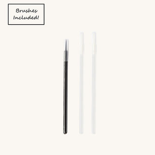 Two makeup brushes on a white background with text 'Brushes Included!'.