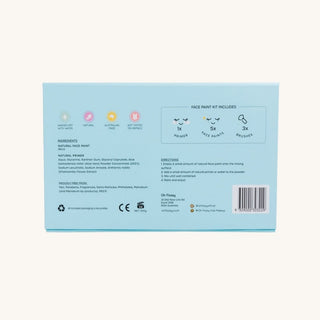 Back of a face paint kit packaging with text and icons on a light blue background