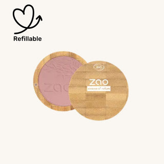 Zao Makeup organic vegan refillable blush in a bamboo compact, curated in soft wearable shades for girls beginning to explore blush