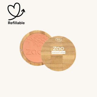 Zao Makeup organic vegan refillable blush in a bamboo compact, curated in soft wearable shades for girls beginning to explore blush