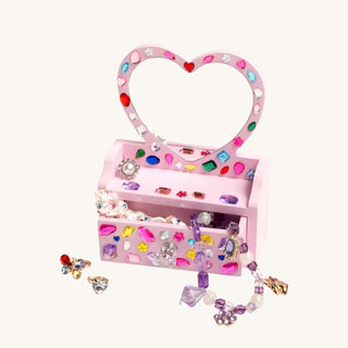 Pink vanity mirror mini craft kit for kids with heart-shaped mirror, gem stickers, and pull-out drawer for creative decorating and storage