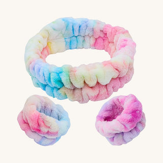 Pastel rainbow tie-dye plush spa headband and wristband set for kids, soft and comfortable for beauty play or skincare routines