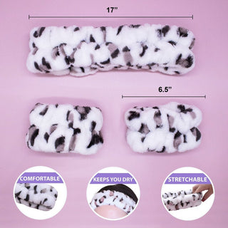 Measurement chart of a white headband with black leopard print on a pink background